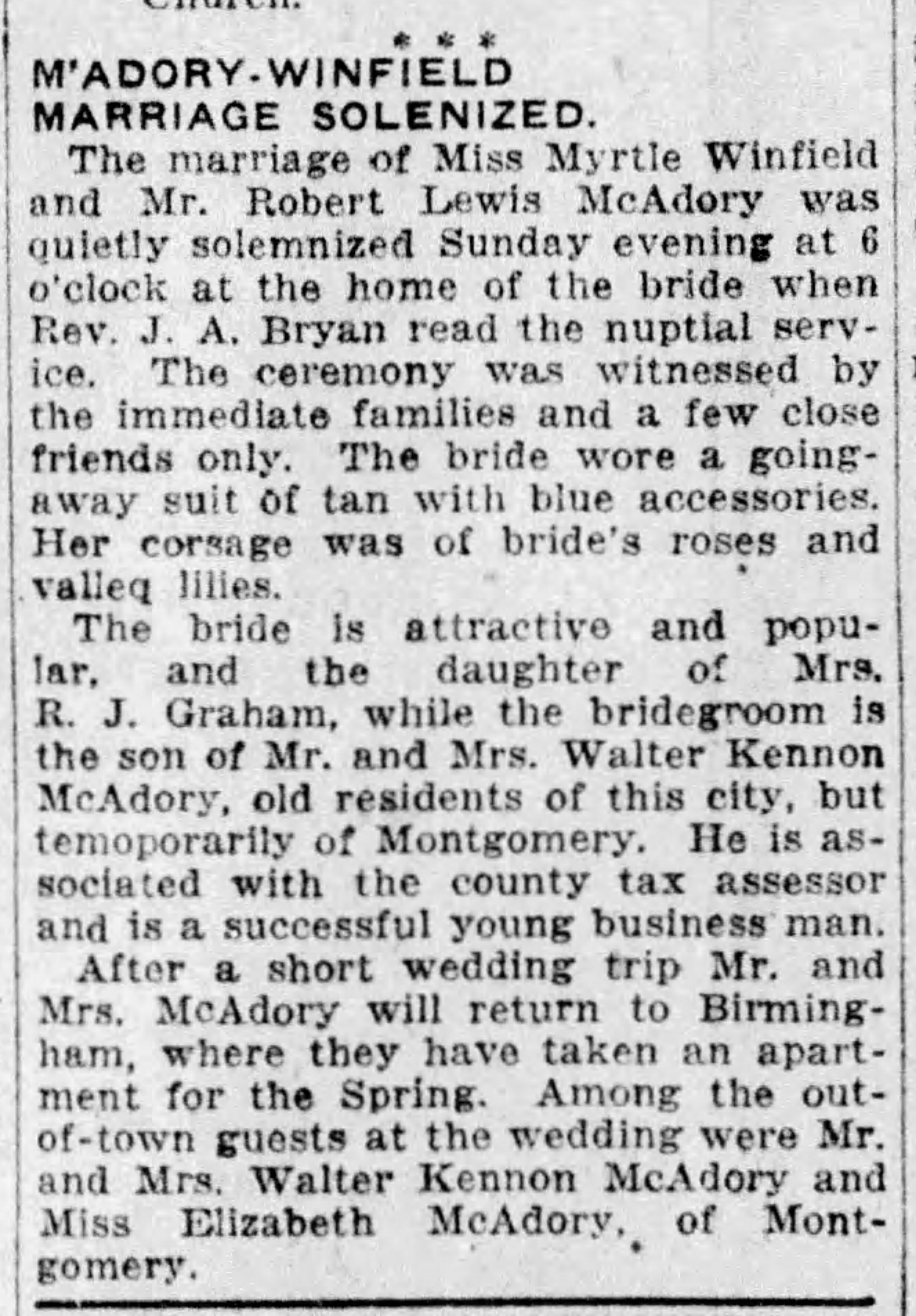 M'Adory-Winfield Marriage Solemnized